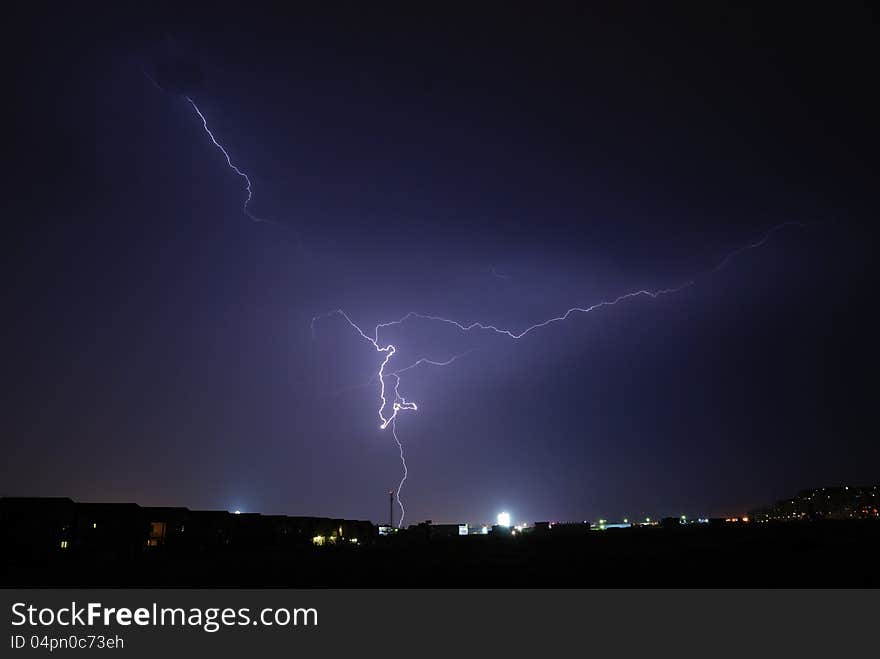 Lightning during thunderstorm over the city of Bucharest. Lightning during thunderstorm over the city of Bucharest