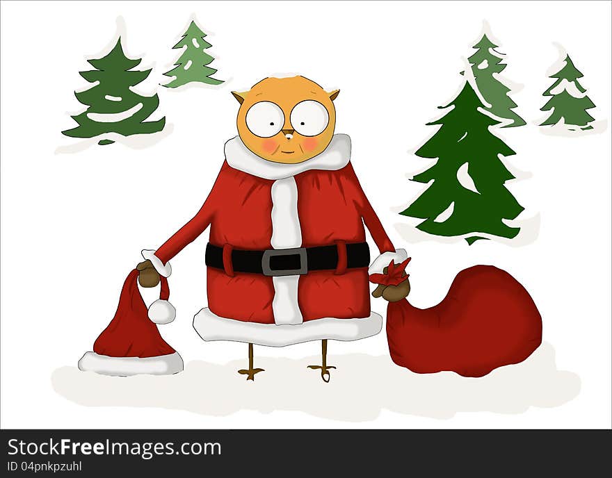 An illustration, worked in adobe photoshop, of santa claus with the bag and the hat in his hands