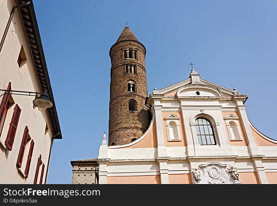 Antique catholic church with round bell tower in Ravenna, Italy. Antique catholic church with round bell tower in Ravenna, Italy