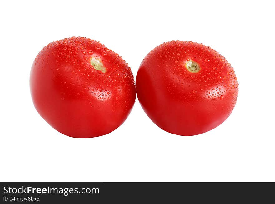 Two freshness red tomatoes on white background. Clipping path is included