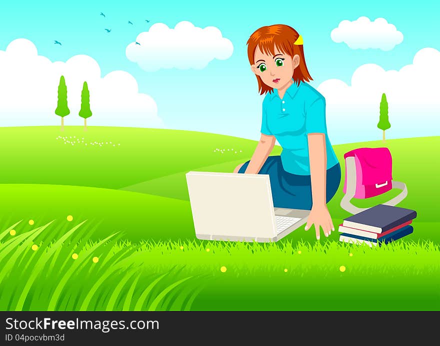 Cartoon illustration of a woman working on laptop on grass field. Cartoon illustration of a woman working on laptop on grass field