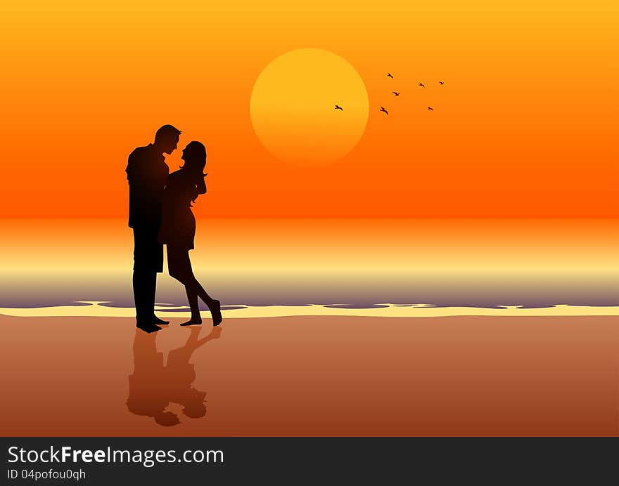 Silhouette illustration of a couple on the beach. Silhouette illustration of a couple on the beach