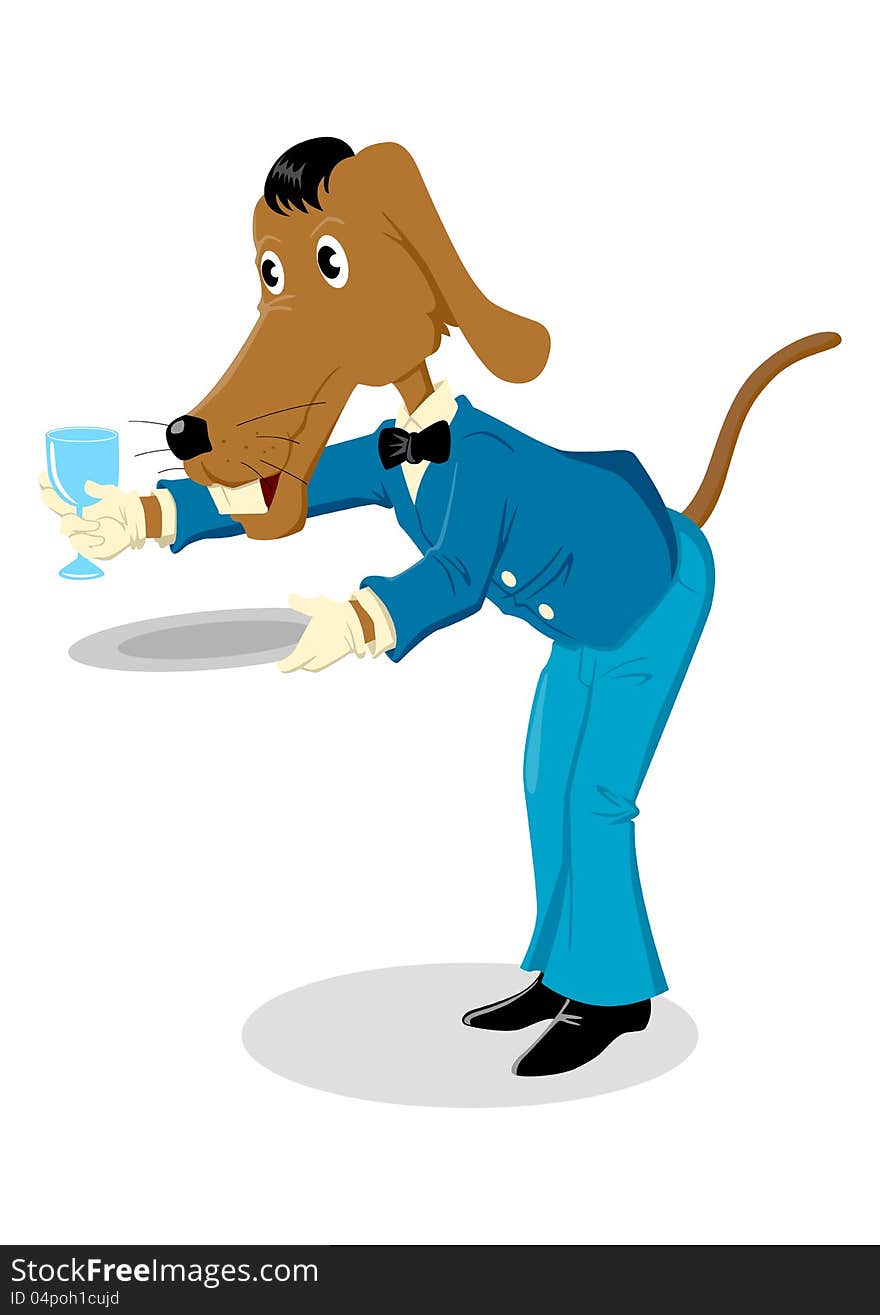 Cartoon illustration of dog as a waiter