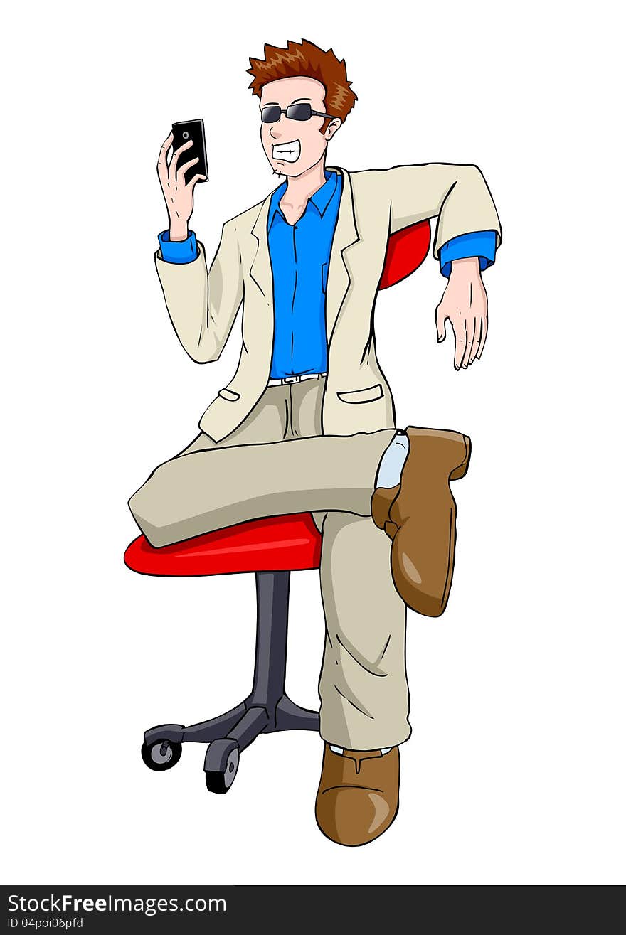 Cartoon illustration of a man holding a cellular phone. Cartoon illustration of a man holding a cellular phone