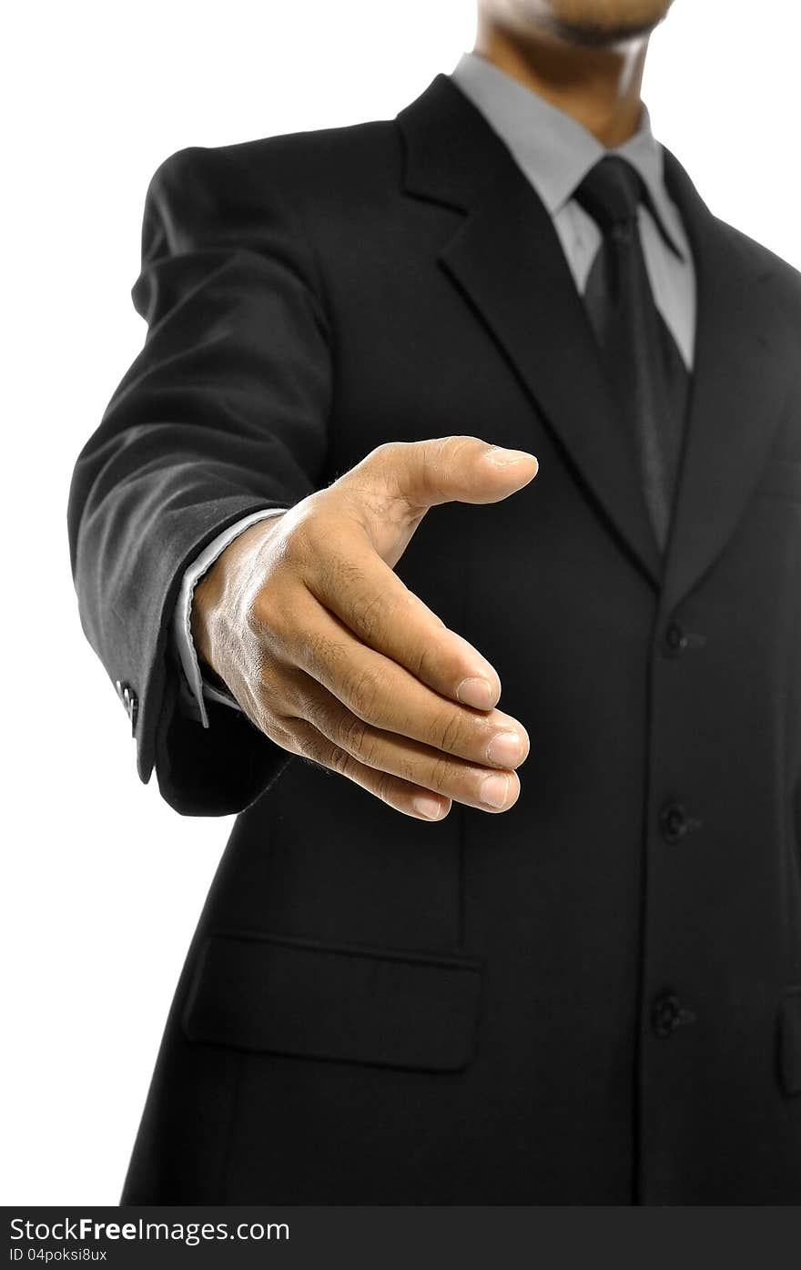 Business man extending hand want to shake isolated over white background. Business man extending hand want to shake isolated over white background