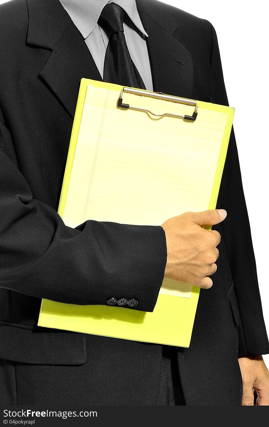 Business man holding clipboard isolated over white background. You can put your message on the paper