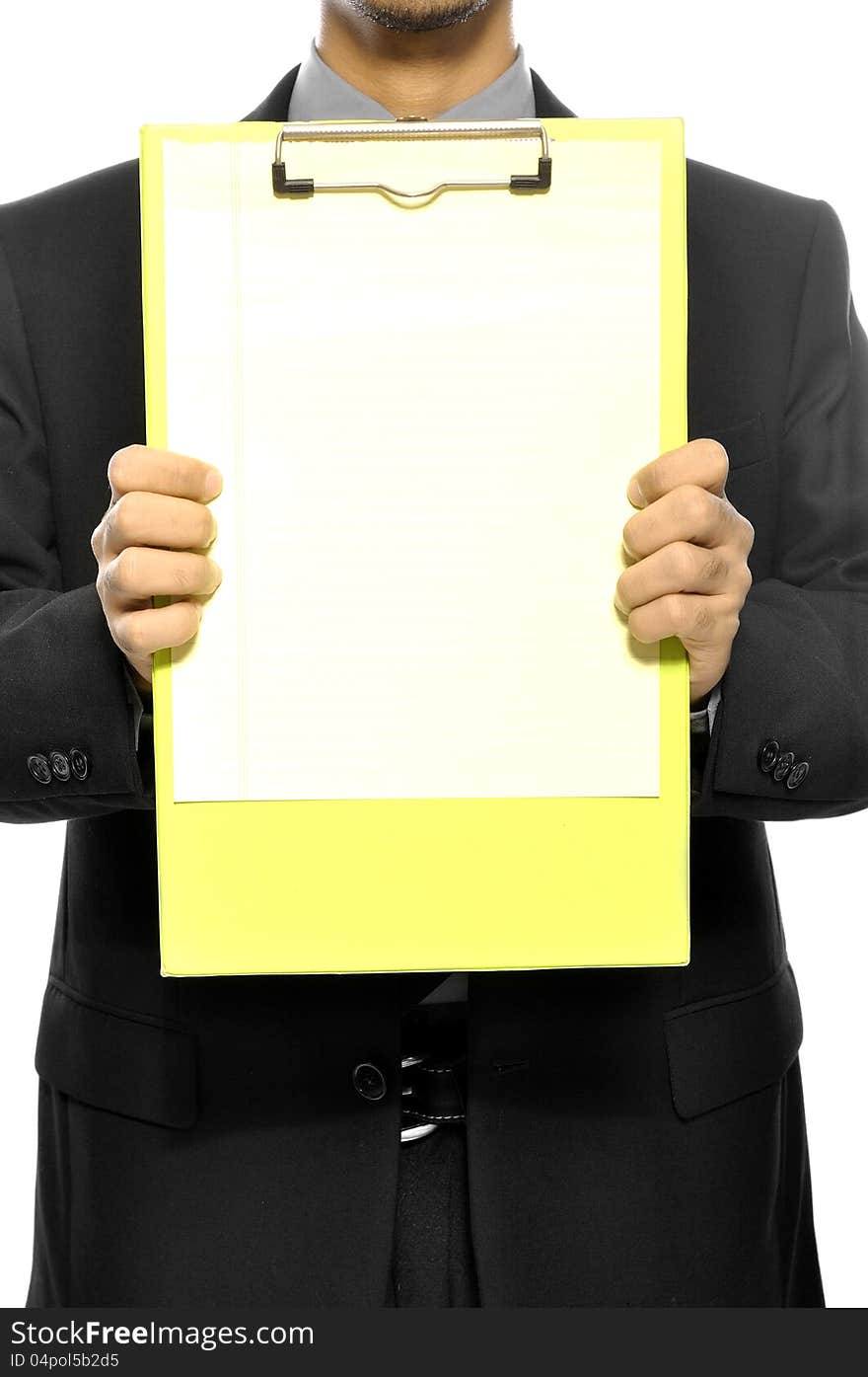 Business man holding clipboard isolated over white background. You can put your message on the paper