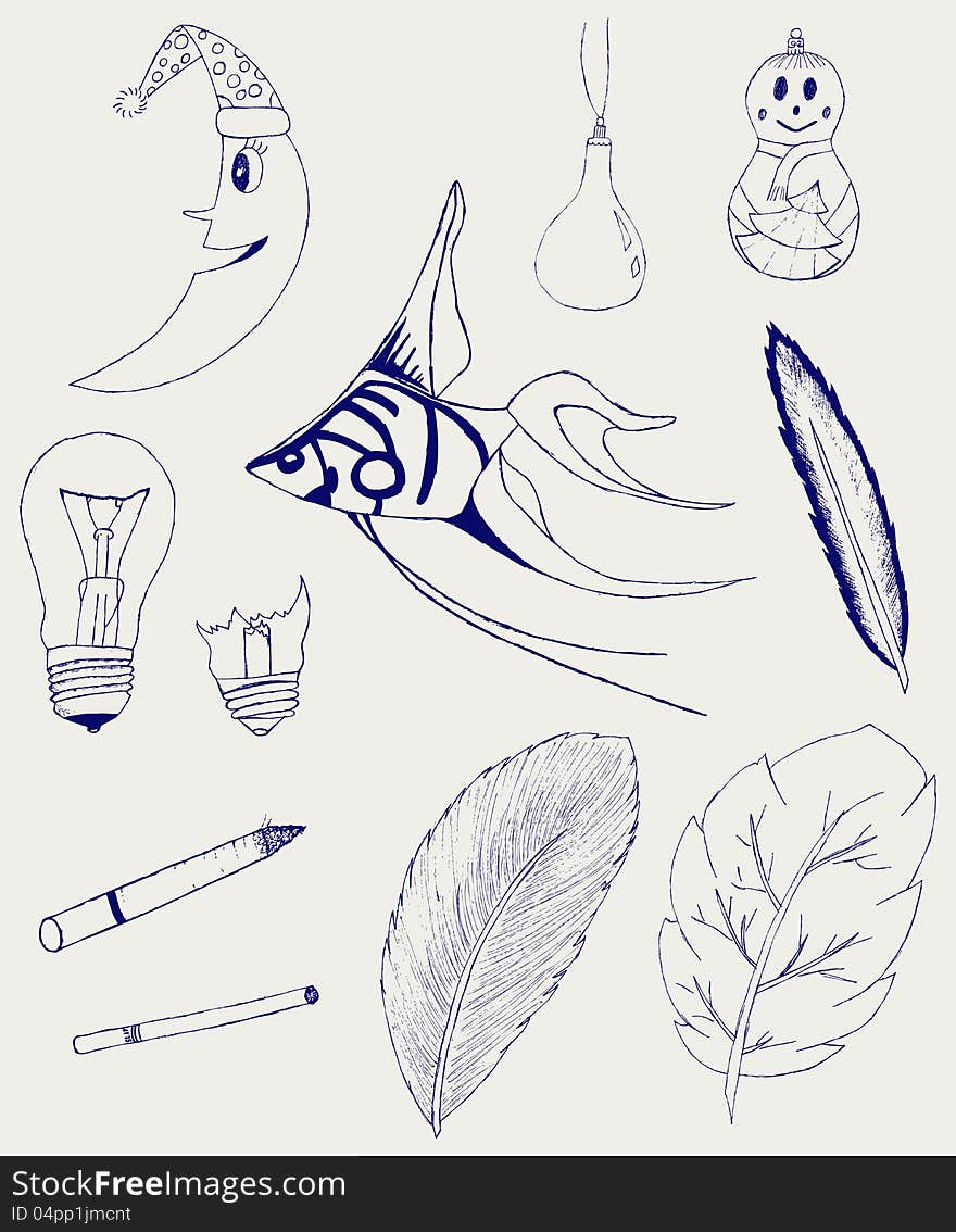 Set of Hand-Drawn Design Elements, Shapes, lightbulb, crescent, cigarette, fish, foliage, christmas toy. Doodle style