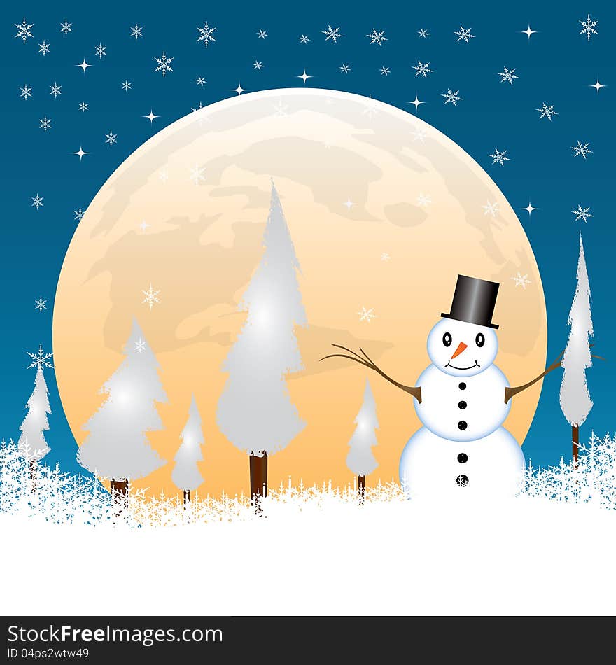 Snowman in a full moon night background