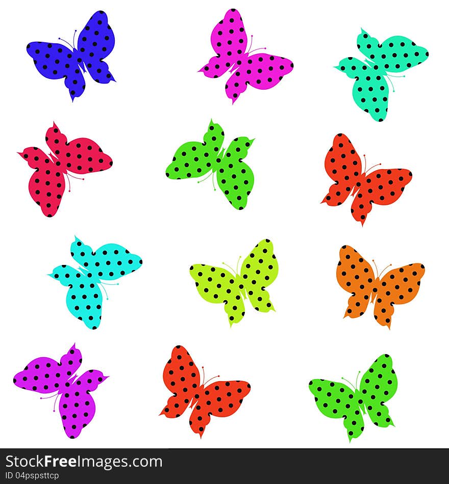 Multicolored butterflies on a white background, vector