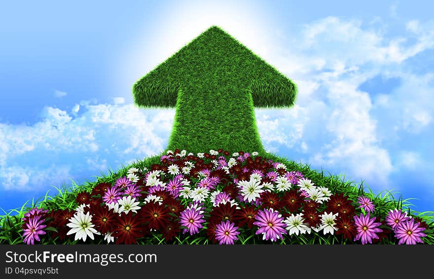 Arrow from grass way, with flowers and sky, ecologic symbol