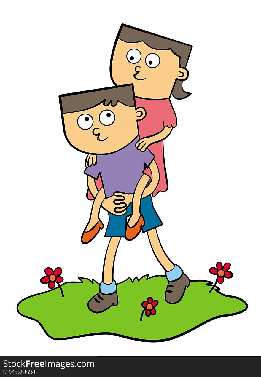 A cute illustration of a young man carrying a girl on his back. A cute illustration of a young man carrying a girl on his back