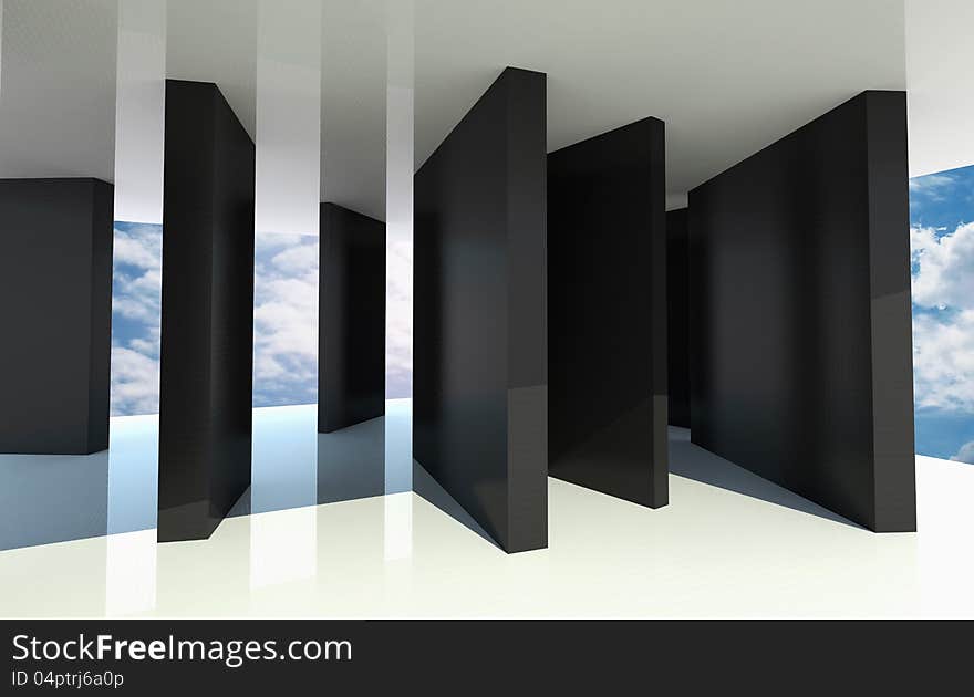 Abstract architecture with black partition and blue sky on background. Abstract architecture with black partition and blue sky on background