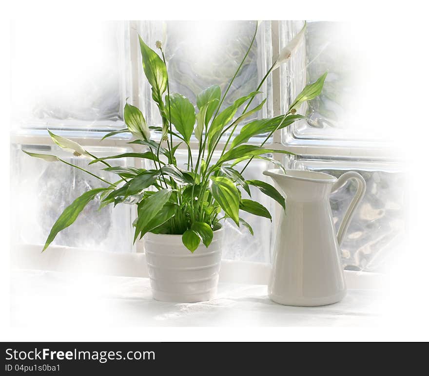 White jar and jug on windowsill. White jar and jug on windowsill