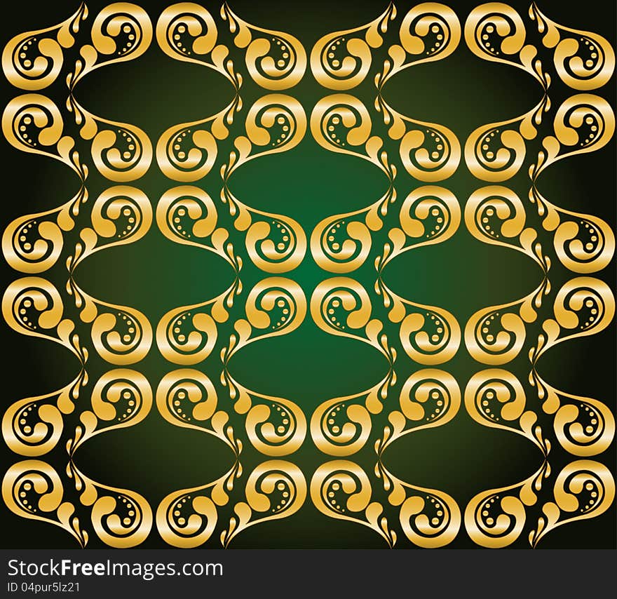 Seamless vintage gilded ornament on green background