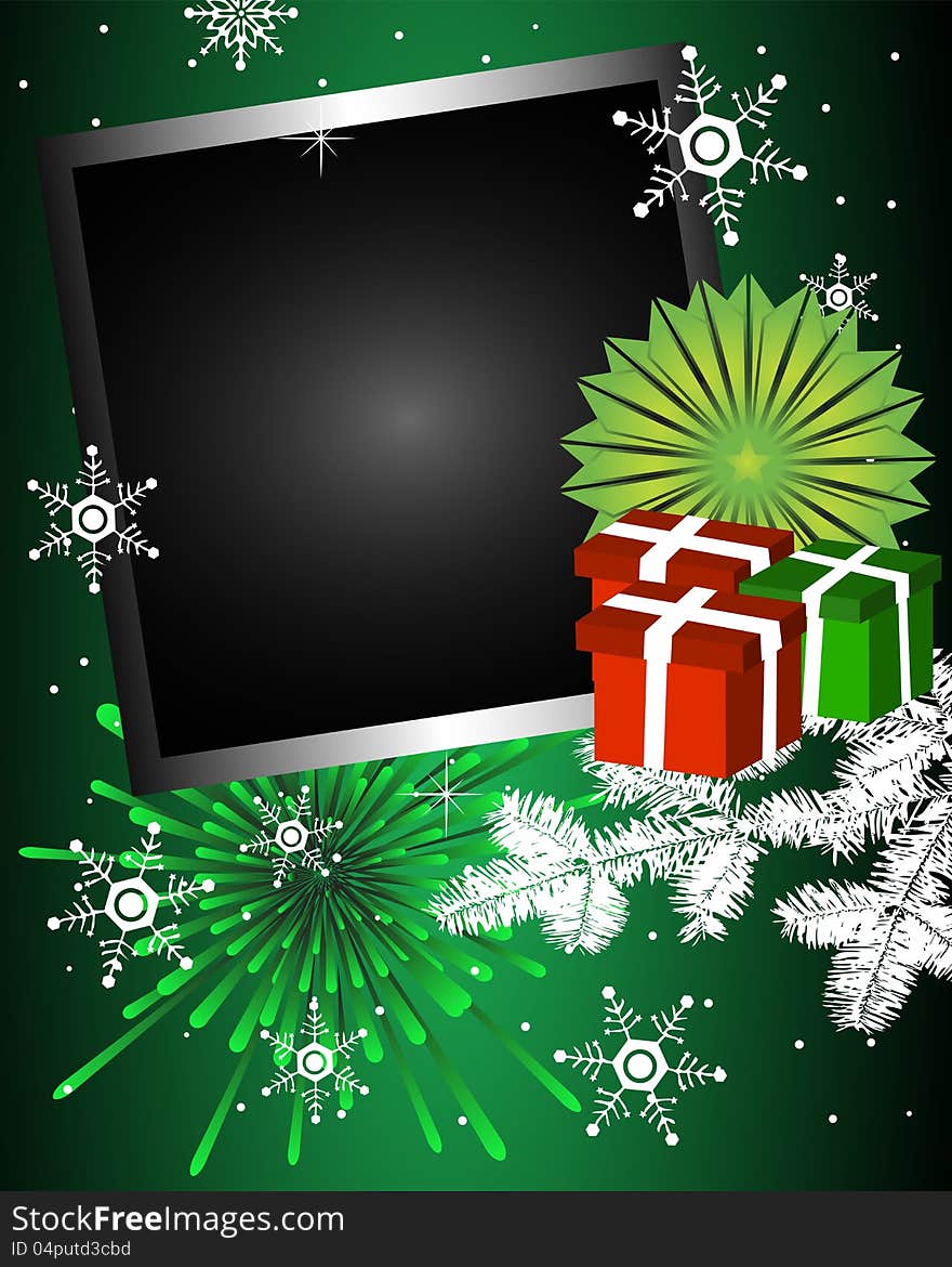 Winter greeting with present boxes, fir branch, green fireworks, snowflakes, green floral decoration and a black empty frame. Winter card. Winter greeting with present boxes, fir branch, green fireworks, snowflakes, green floral decoration and a black empty frame. Winter card