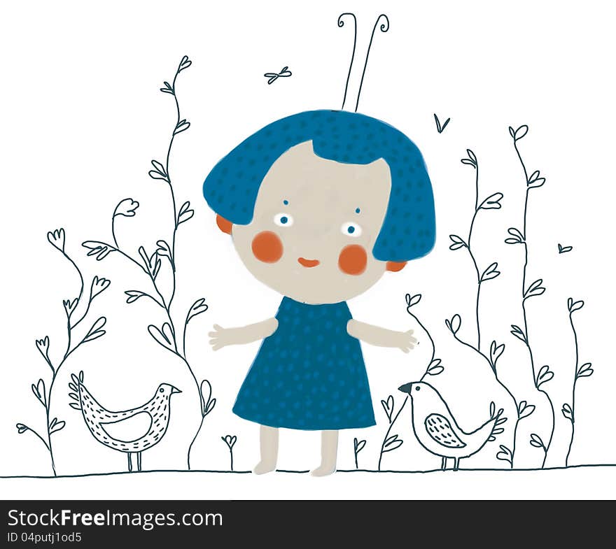 Cartoon illustration of girl in garden with plants and birds, white background. Cartoon illustration of girl in garden with plants and birds, white background.