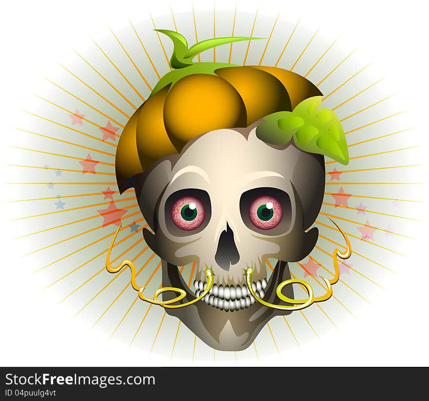 Human skull in pumpkin hat. Human skull in pumpkin hat