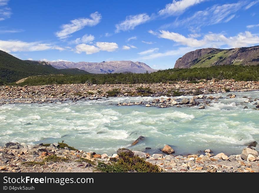 Cold turbulent river at the foot of Fitz Roy, Argentina