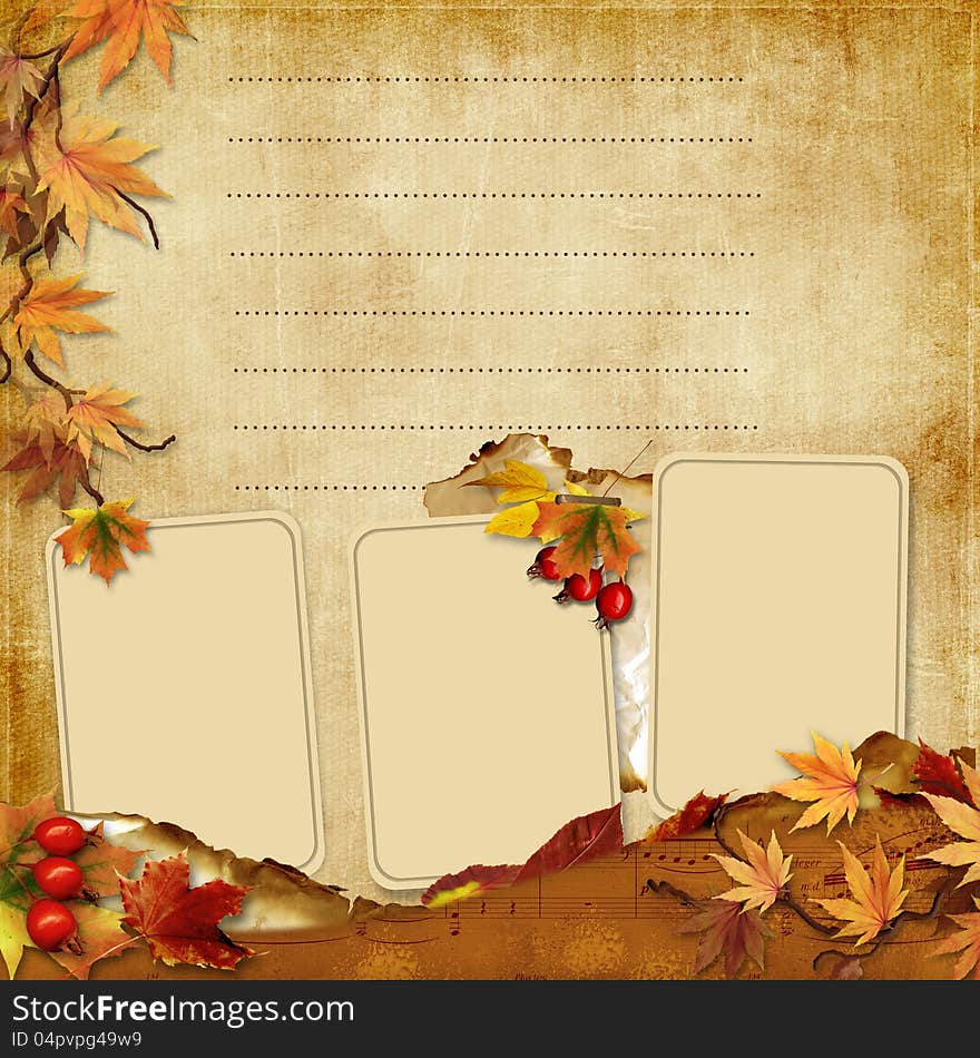 Victorian background with old photo-frame and autumn leaves. family album. Victorian background with old photo-frame and autumn leaves. family album