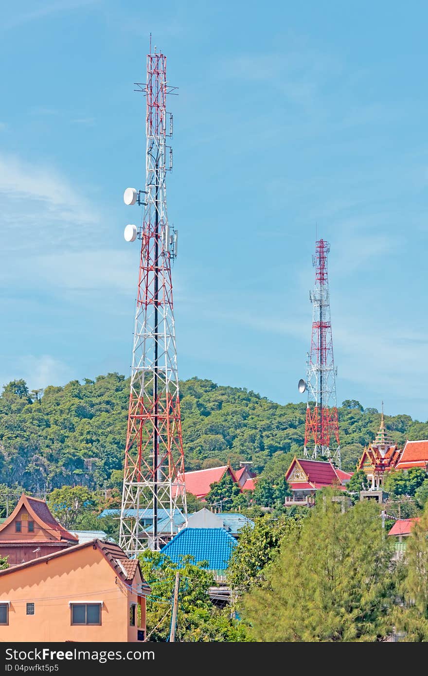 Telecommunication, Boardcasting tower with clear blue sky on cloudy