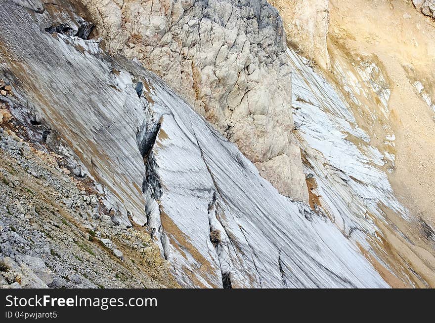 Crack in the glacier on the mountain slope in Caucasus State Biosphere Reserve