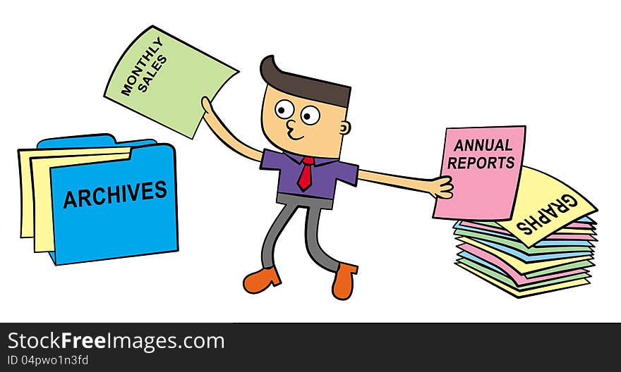 A cartoon character in office attire putting papers in a folder with archives word. A cartoon character in office attire putting papers in a folder with archives word