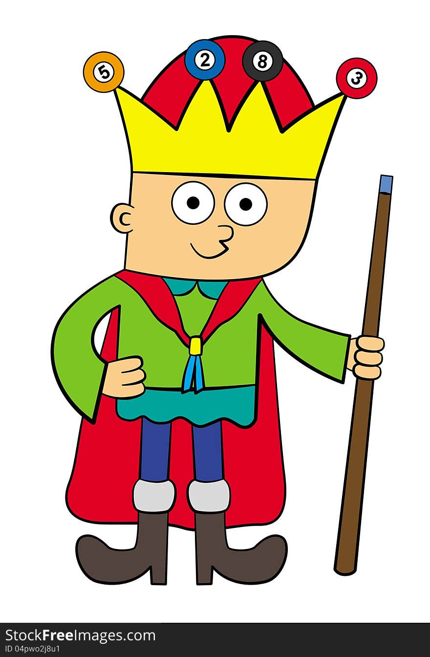 A happy looking cartoon king with billiard balls on his crown and holding a cue stick. A happy looking cartoon king with billiard balls on his crown and holding a cue stick