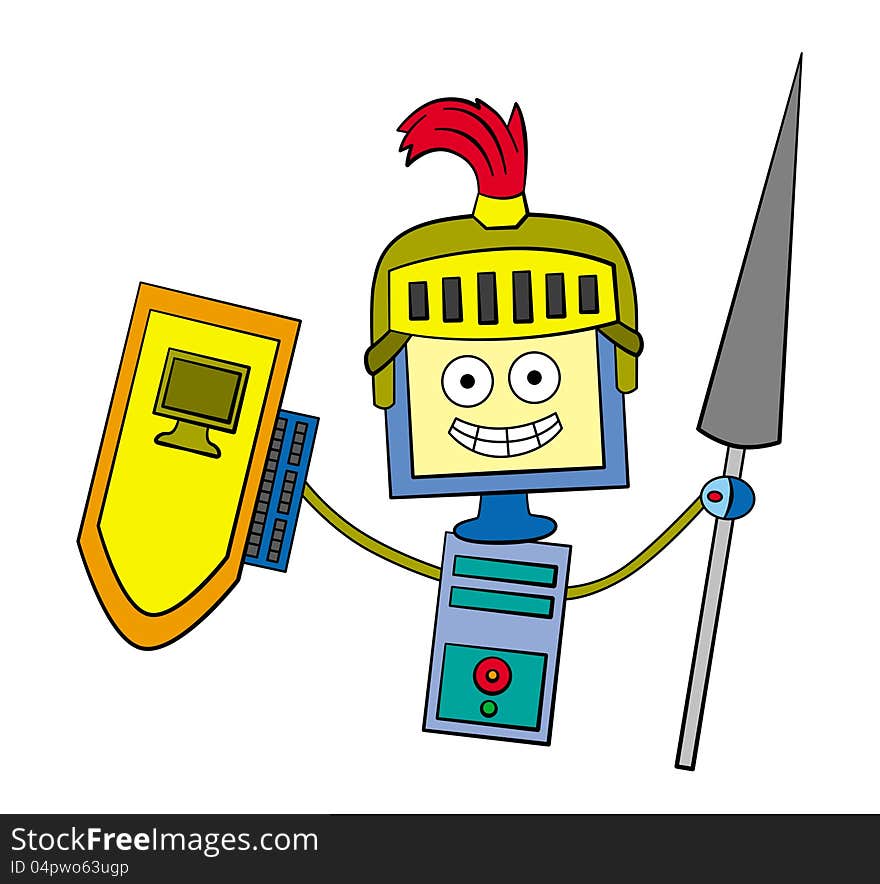 A humorous illustration of a computer with a knight's helmet, lance, and shield. A humorous illustration of a computer with a knight's helmet, lance, and shield