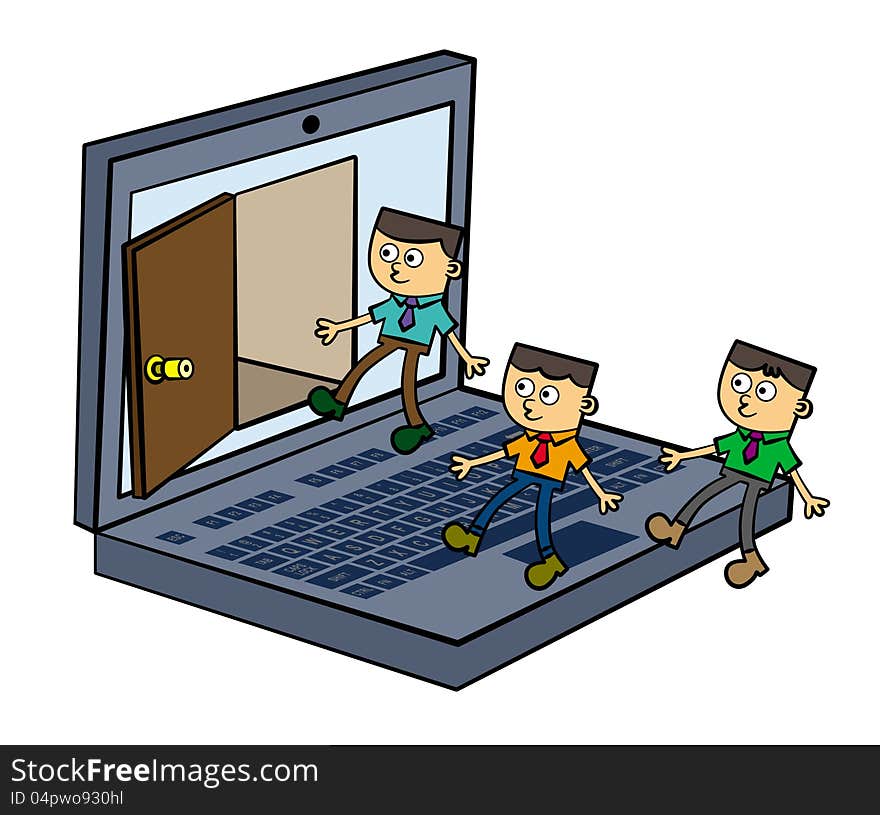 Three cartoon business men walking towards a door that opens from the screen of a laptop. Three cartoon business men walking towards a door that opens from the screen of a laptop