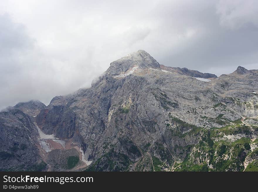 Mountain peak Fisht and glaciers in the mountains near Sochi