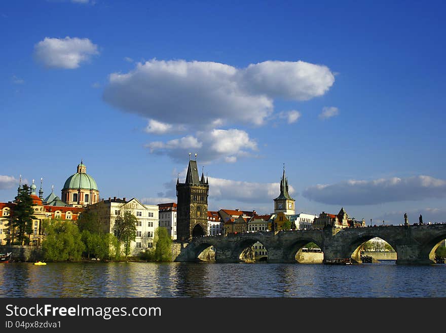 Prague city view with Vltava river and bridge