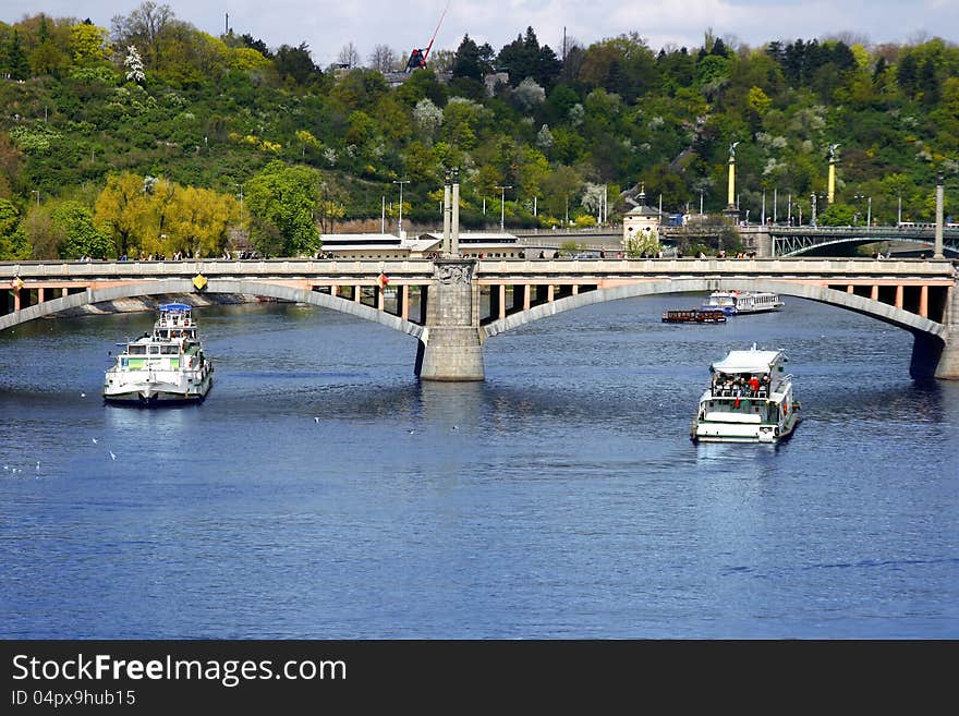 Vltava river and boats in Prague, Czech Republic. Vltava river and boats in Prague, Czech Republic