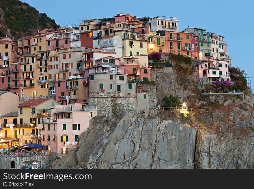 View of Manarola after sunset, Cinque Terre, Italy