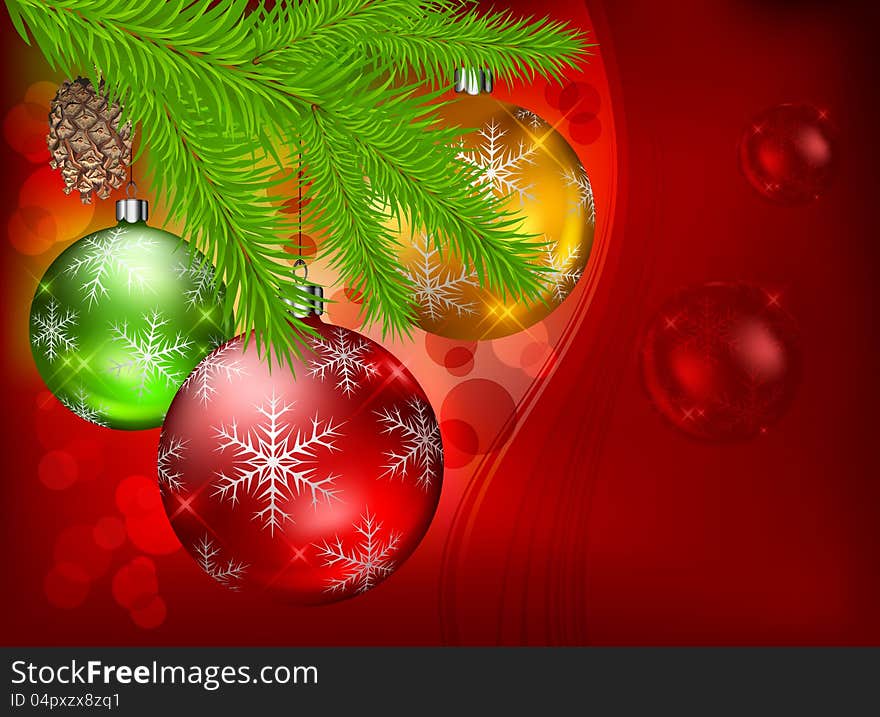 Christmas baubles with snowflake and fir on red background, vector illustration. Christmas baubles with snowflake and fir on red background, vector illustration