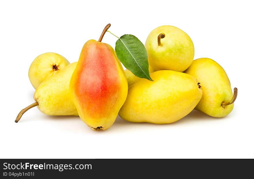 Pears yellow many leaf on white background