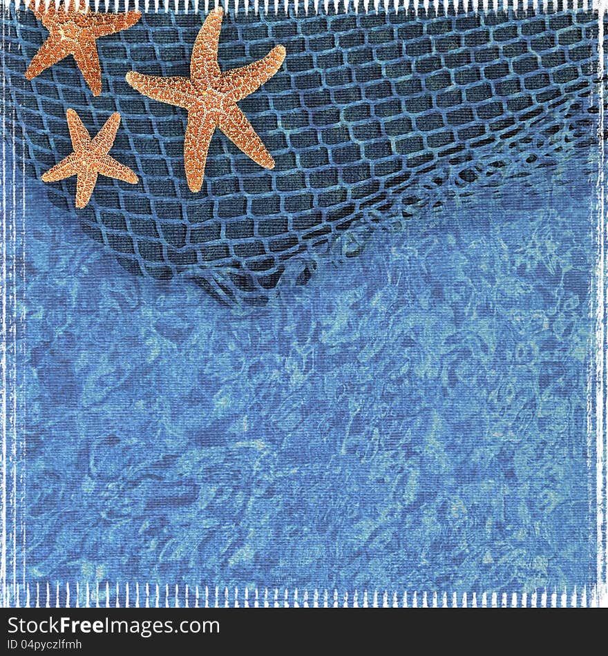 Textured starfish, fishing net and sea scrapbook paper background. Textured starfish, fishing net and sea scrapbook paper background.