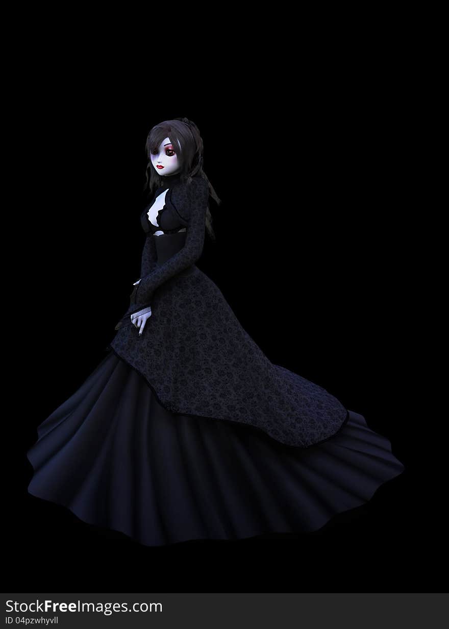 3d rendered girl in black dress on back background. 3d rendered girl in black dress on back background.