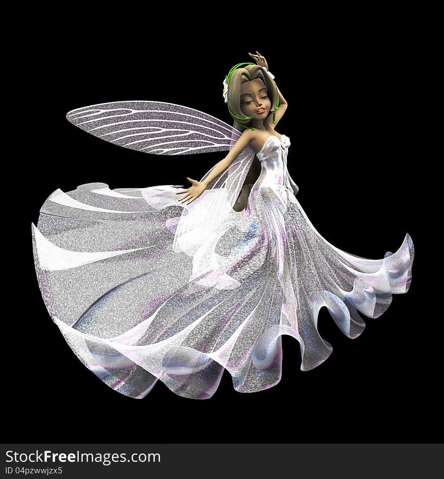 3d render of cute fairy in white glittering dress on black. 3d render of cute fairy in white glittering dress on black.