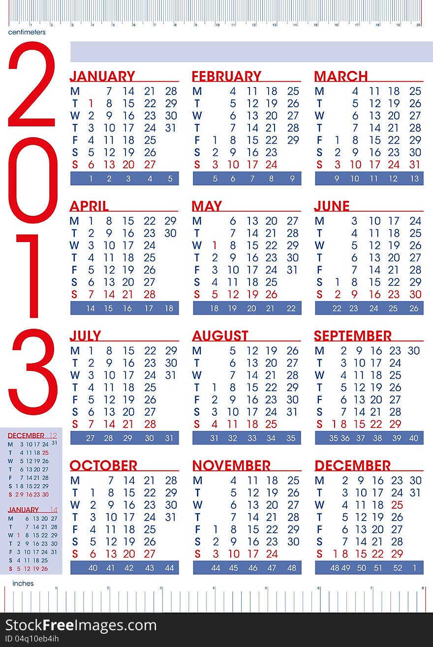 2013 calendar in english with rulers, blue and red colours