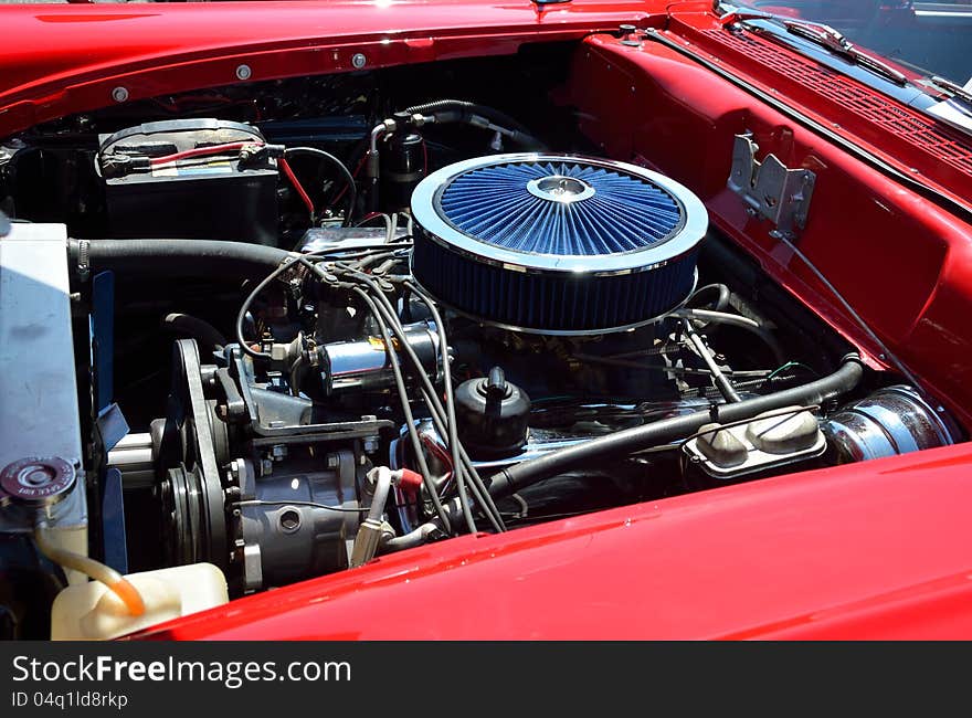 Classic restored car engine at a car show Georgia, USA.