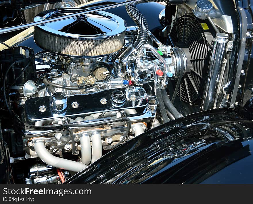 Classic restored car engine at a car show Georgia, USA.