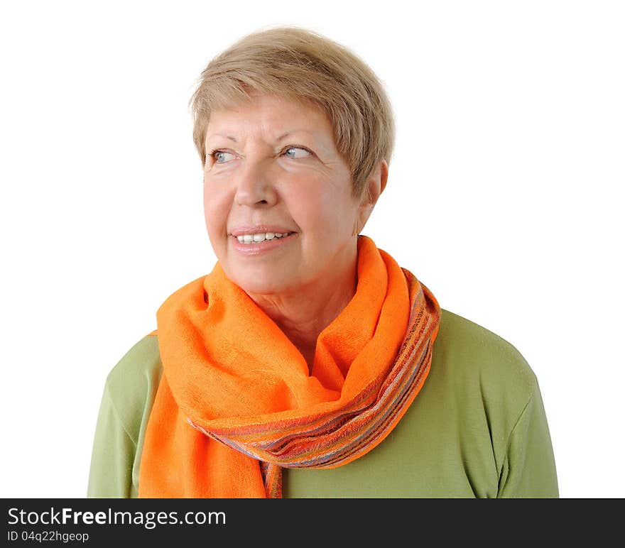 Portrait of elderly woman with orange cravat on the white background