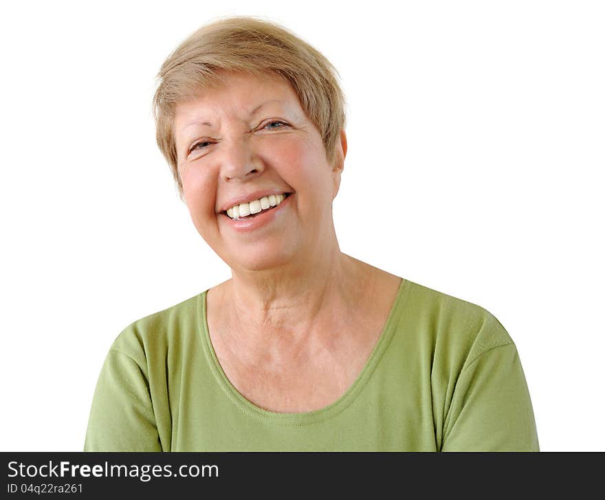 Portrait of elderly woman on the white background