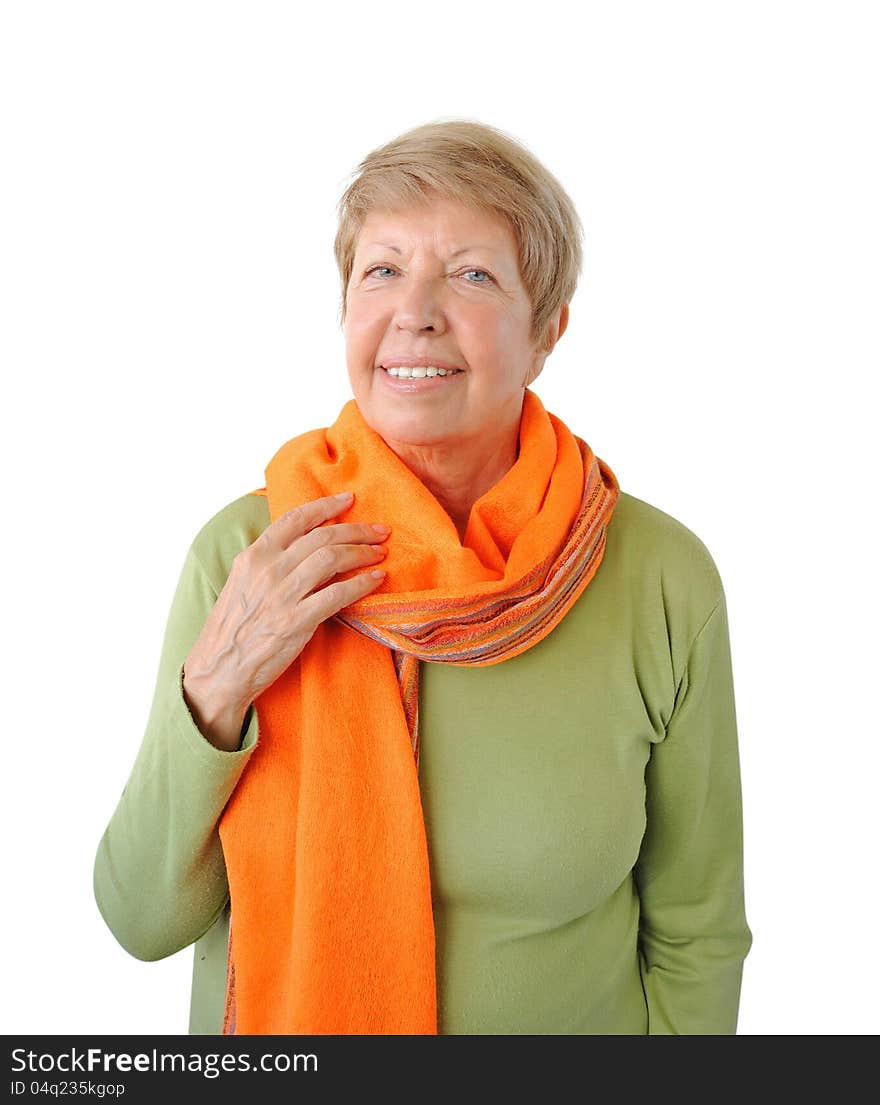 Portrait of elderly woman with orange cravat on the white background