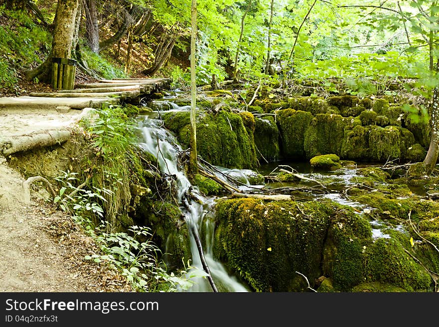 Beauty pleace in Plitvice lakes, small path, rapid water and forest. UNESCO National Park, Croatia. Beauty pleace in Plitvice lakes, small path, rapid water and forest. UNESCO National Park, Croatia.