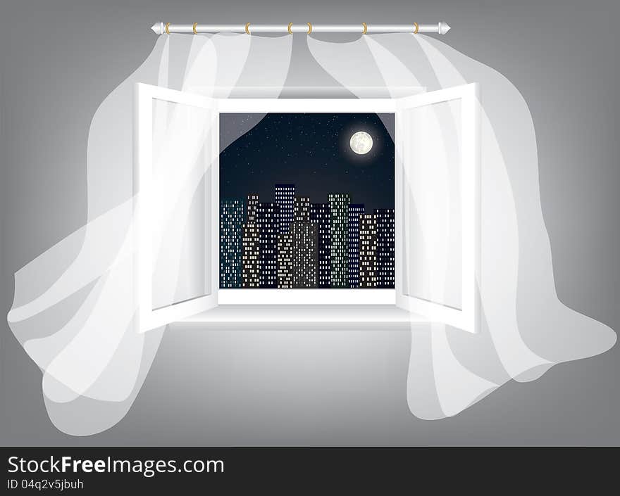 Room, opened window with night city scrape and curtains