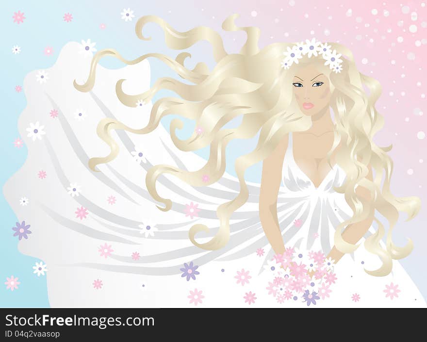 Blonde woman bride with hair and dress flying in the wind and with a bouquet of flowers in her hands