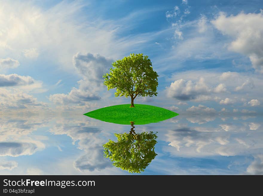 Small green island with lonely tree reflection in quiet water of the ocean