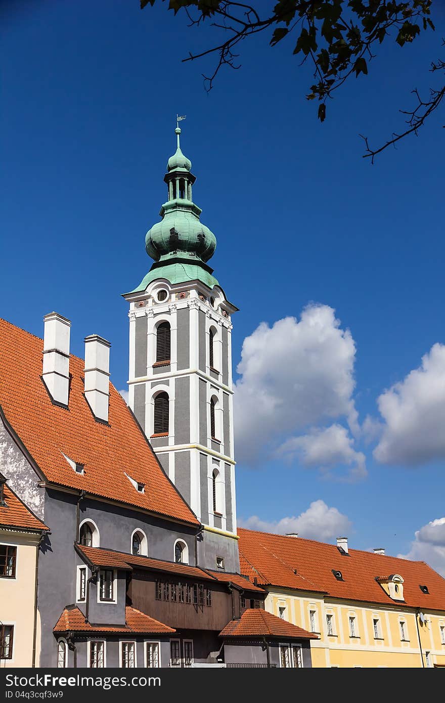 Tower in baroque style in Cesky Krumlov, Czech Republic.